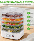 Five Tray Electric Food Dehydrator With Pro Airflow Circulation For Making Beef Jerky Dried Fruit And Homemade Dog Treats No Sweat Cleanup Countertop Build Great For Go Big On Healthy Snacks with stacked layers of various foods.