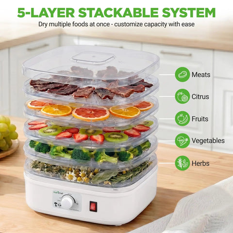 Five Tray Electric Food Dehydrator With Pro Airflow Circulation For Making Beef Jerky Dried Fruit And Homemade Dog Treats No Sweat Cleanup Countertop Build Great For Go Big On Healthy Snacks with stacked layers of various foods.