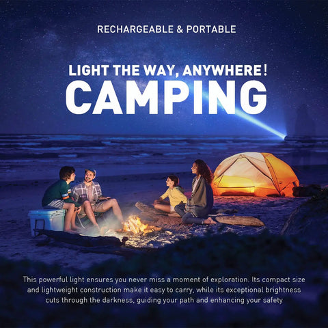 Camping scene with Beast Mode Rechargeable LED Spotlight Portable Handheld Searchlight 6000 Lumens illuminating a tent