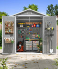 6x4 Ft Resin Outdoor Storage Shed With Floor And Window, Lockable Door, open showing organized tools and garden supplies