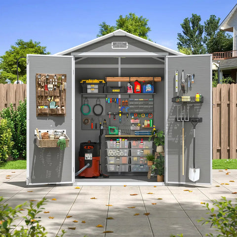 6x4 Ft Resin Outdoor Storage Shed With Floor And Window, Lockable Door, open showing organized tools and garden supplies