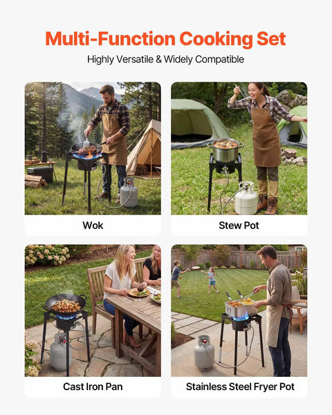 Single Burner Outdoor Propane Gas Stove 100,000 BTU LPG Camping Cooker used with multiple pots and pans in various settings