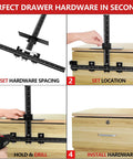 Illustration showing steps using Cabinet Hardware Jig Punch Locator Adjustable Drill Guide For Handles And Knobs