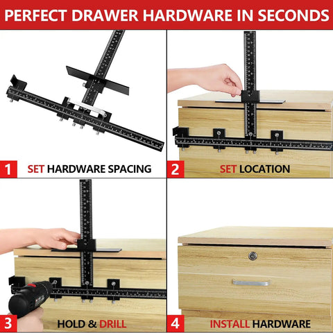 Illustration showing steps using Cabinet Hardware Jig Punch Locator Adjustable Drill Guide For Handles And Knobs