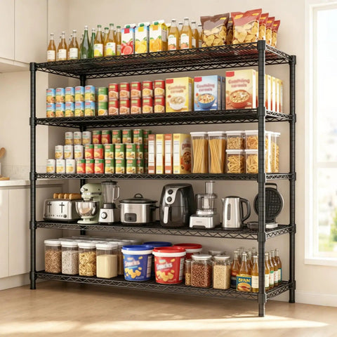 Heavy Duty 5 Tier Wire Shelving Rack With Massive Load Rating For Garage Pantry Kitchen Organization And Commercial Display That Is Legit Bombproof Setup For Your Home Office filled with food storage and kitchen appliances.