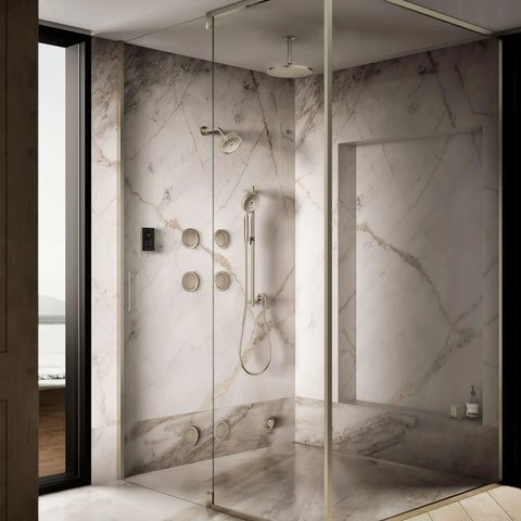Luxurious bathroom with DTV Plus Interface Mounting Bracket for Surface Install in Vibrant Brushed Nickel Finish on marble wall