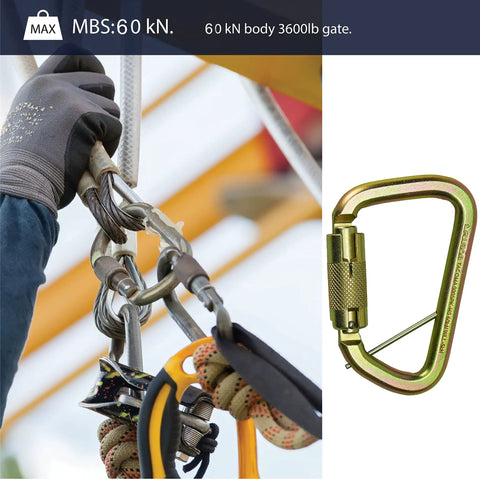 Auto Locking Carabiner 50KN For Tough Climbs And Rappelling Heavy Duty Steel D Shaped Captive Pin UIAA ANSI Compliant