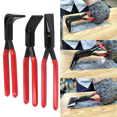 Three Angle Metal Bending Pliers Set with straight 40mm wide jaws for sheet metal flattening, showing 45-degree and 90-degree use.