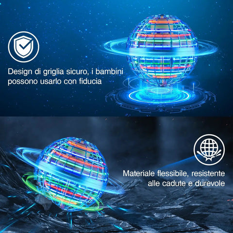 Hand Controlled Flying Orb Ball Toy With RGB Lights on digital background, durable and flexible design, safe for kids and adults.