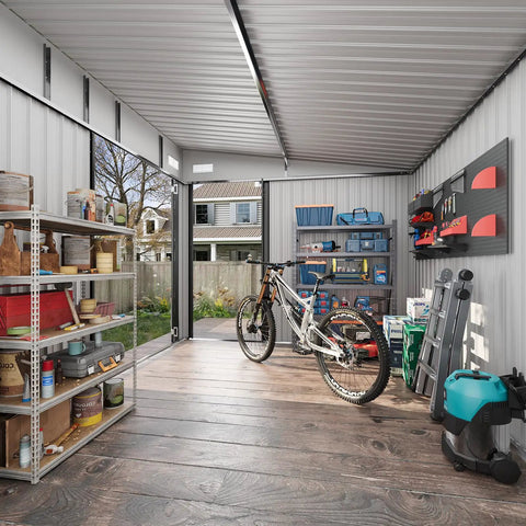 Outdoor Waterproof Storage Shed With 360 Cu Ft Capacity 9.4 By 7.3 Feet Heavy Duty Metal Garden Tool Shed interior view