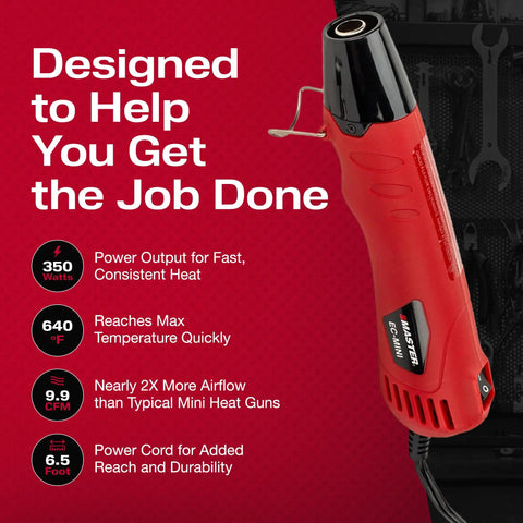 EC-MINI Pro Grade Heat Gun For Crafts And DIY Projects With Shrink Wrap And Reflector Attachment, red design highlights.