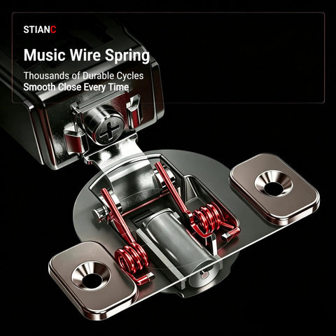 Close-up of 20 Pack 1.5 Inch Overlay Soft Close Cabinet Hinges with music wire spring, detailed view of spring mechanism.