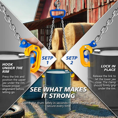 Heavy Duty One Ton Drum Lifter Clamp with G80 Chains shown in use lifting 55 gallon drum safely with spring-loaded hooks.