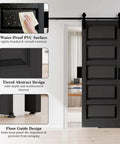 30 Inch By 84 Inch Sliding Barn Door With Hardware Kit Black Finish Sleek Modern Five Lite Panel Waterproof PVC Surface Pre Drilled For Quick Assembly Durable Primed MDF Core Ideal For Rustic Farmhouse And Modern Home Makeovers installed in a bright room, showcasing tiered abstract design and floor guide.
