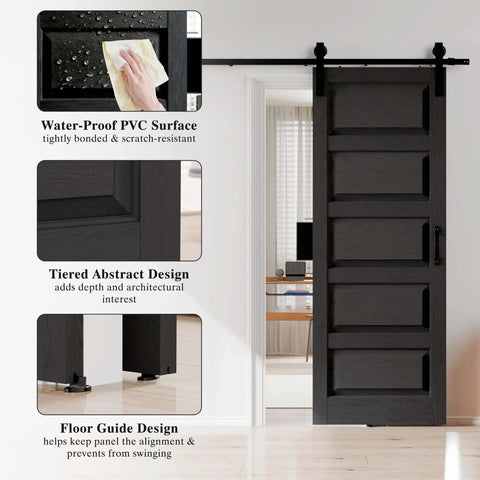 30 Inch By 84 Inch Sliding Barn Door With Hardware Kit Black Finish Sleek Modern Five Lite Panel Waterproof PVC Surface Pre Drilled For Quick Assembly Durable Primed MDF Core Ideal For Rustic Farmhouse And Modern Home Makeovers installed in a bright room, showcasing tiered abstract design and floor guide.