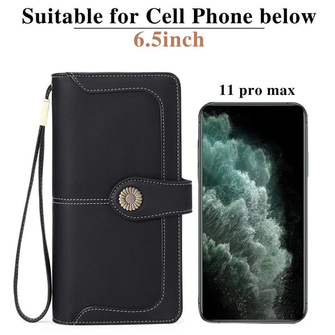 Leather RFID Blocking Womens Wallet With Large Capacity Trifold Design And Wristlet Clutch Card Holder For Travel And Everyday Use, shown with phone size compatibility.