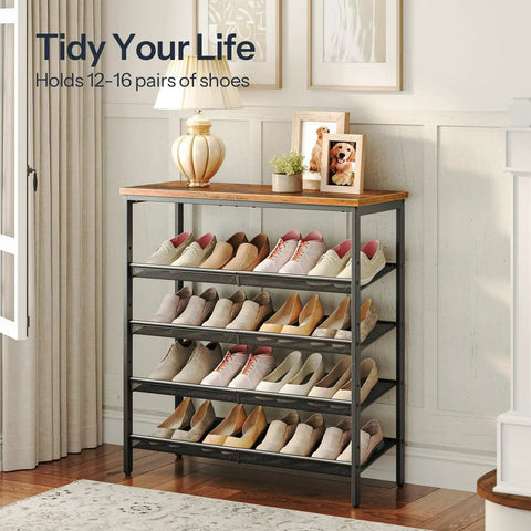 Five-Tier Entryway Shoe Rack With Adjustable Mesh Shelves Industrial Metal Design Holds 16-20 Pairs Of Shoes Floor Mount Rustic Brown Organizer For Closet Or Hallway, filled with shoes and decorated with items on top.