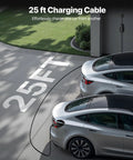 40 Amp Level 2 Portable EV Charger With 240 Volt Supply 25 Foot Cable NEMA 14 50P Plug LCD Display NACS Connector Adjustable 10 16 20 24 32 40 Amp Fast Home Charging For Tesla Model Y X 3 S connected to two cars in driveway