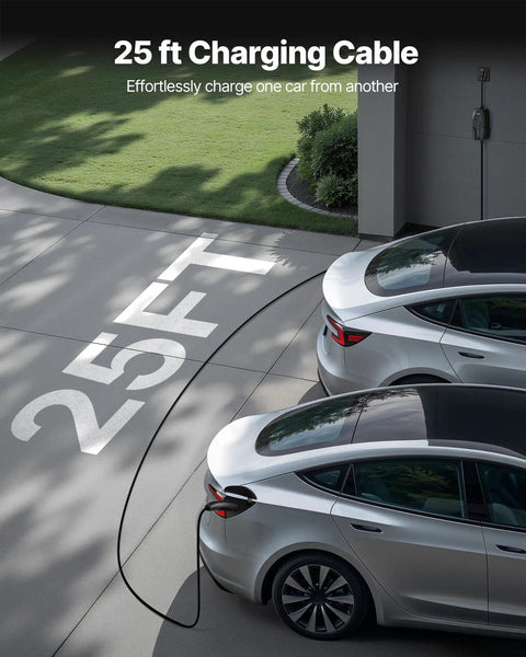 40 Amp Level 2 Portable EV Charger With 240 Volt Supply 25 Foot Cable NEMA 14 50P Plug LCD Display NACS Connector Adjustable 10 16 20 24 32 40 Amp Fast Home Charging For Tesla Model Y X 3 S connected to two cars in driveway