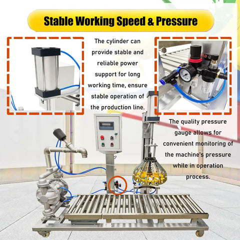 Efficient Heavy Duty Semi Automatic Liquid Filling Machine For Paint And Water With Digital Scale Weighing Hassle Free Cap Sealer 3 In 1 Plug And Play 110V Bucket System with pressure gauge and power cylinder.