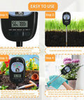 7-In-One Soil Test Kit With Moisture Meter, PH Meter, Sunlight Intensity Sensor in use for garden care steps 1 to 4