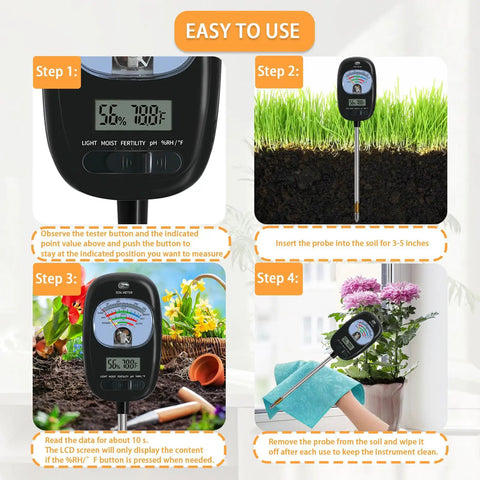7-In-One Soil Test Kit With Moisture Meter, PH Meter, Sunlight Intensity Sensor in use for garden care steps 1 to 4