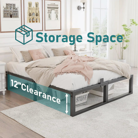Rock Solid Queen Bed Frame Built Tough For Real Life, 14 Inch Steel Slat Platform with 12 inch storage clearance.