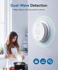 Combo Smoke And Carbon Monoxide Alarm With Ten Year Battery Dual Sensor Smoke Detector With Bilingual Voice Alerts Reduced Nuisance Alarms For Home Safety Four Pack on wall