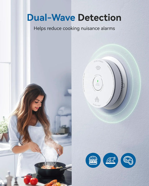Combo Smoke And Carbon Monoxide Alarm With Ten Year Battery Dual Sensor Smoke Detector With Bilingual Voice Alerts Reduced Nuisance Alarms For Home Safety Four Pack on wall