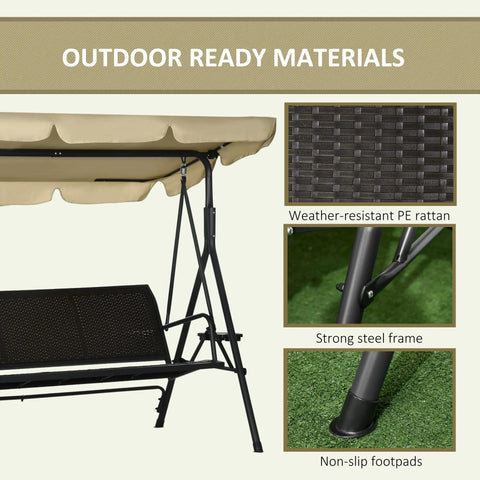 Three Seat Outdoor Patio Swing Chair With Adjustable Canopy And Removable Cushions, showing PE rattan and steel frame details