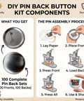 58mm Button Badge Making Kit for DIY Projects, pin assembly process, 100 metal pin backs, crafting steps