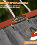 Close-up of Cotton Double Hammock With 55 Inch Spreader Bar in dark gray showing detailed rope and wood design.