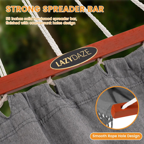 Close-up of Cotton Double Hammock With 55 Inch Spreader Bar in dark gray showing detailed rope and wood design.