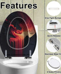 Elongated Slow Close Toilet Seat Replacement for Bathroom featuring artistic design and stainless steel hinges on a toilet.