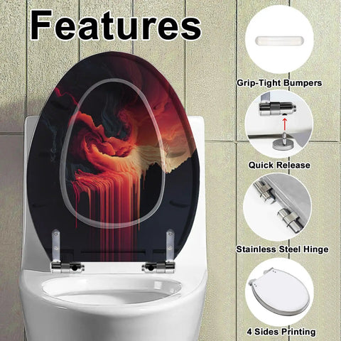 Elongated Slow Close Toilet Seat Replacement for Bathroom featuring artistic design and stainless steel hinges on a toilet.