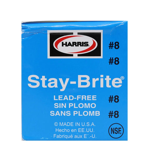 Stay-Brite lead-free solder packaging, blue box with Harris logo, promotes lead-free soldering. Made in USA, NSF certified.