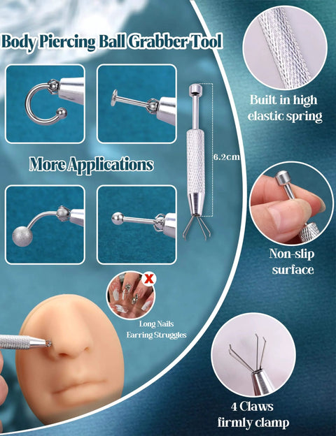 Body Piercing Ball Grabber Tool with 4 claw clamps for secure holding and insertion, 6.2 cm length, non-slip handle, elastic spring