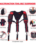 Heavy Duty Tool Belt Suspenders With Magnet Pocket And Large Movable Phone Holder For Construction Workers Pencil Holder 1680D Nylon Breathable Foam Mesh Adjustable Comfort Fit Secure Clip System front view