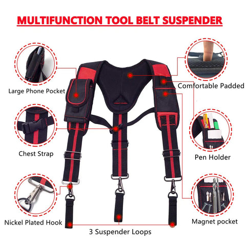 Heavy Duty Tool Belt Suspenders With Magnet Pocket And Large Movable Phone Holder For Construction Workers Pencil Holder 1680D Nylon Breathable Foam Mesh Adjustable Comfort Fit Secure Clip System front view