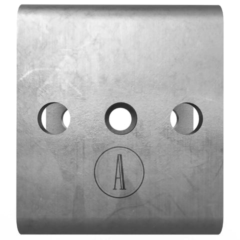 Front view of Beefy Beam Channel Trolley Track Hanger And Joiner Connector Bracket for 1-5/8 inch strut, zinc plated steel, 3 holes visible