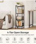 Expandable 4 Tier Slim Storage Cart On Wheels In Black With Adjustable Width From 8.3 To 12.6 Inches beside sofa and desk.
