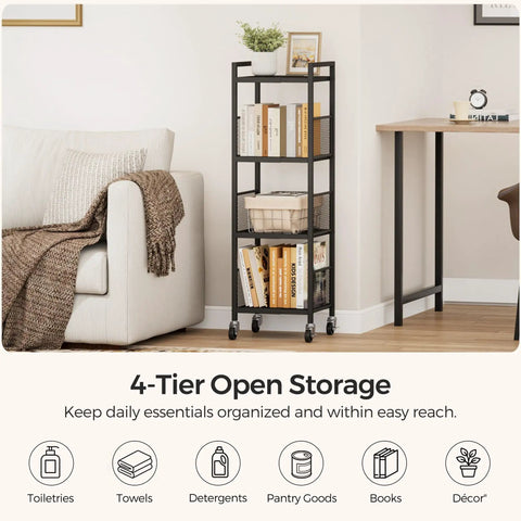 Expandable 4 Tier Slim Storage Cart On Wheels In Black With Adjustable Width From 8.3 To 12.6 Inches beside sofa and desk.