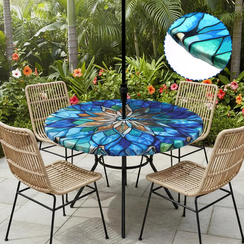 Mandala Round Outdoor Tablecloth With Umbrella Hole Zipper For 45 To 53 Inch Tables Waterproof Anti Wrinkle Durable Patio
