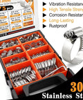 Heavy Duty Stainless Steel Worm Gear Hose Clamps Set, 175-Piece Assortment shown in orange organizer