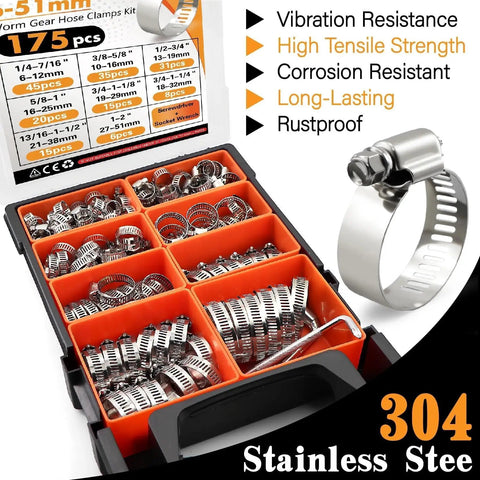 Heavy Duty Stainless Steel Worm Gear Hose Clamps Set, 175-Piece Assortment shown in orange organizer