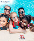 Group of friends at poolside with a Ceramic No Diving Pool Sign, 5.8x5.8 Inch No Dive Marker With Abrasive Non-Slip Tile Finish visible on deck.