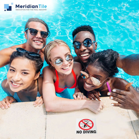 Group of friends at poolside with a Ceramic No Diving Pool Sign, 5.8x5.8 Inch No Dive Marker With Abrasive Non-Slip Tile Finish visible on deck.