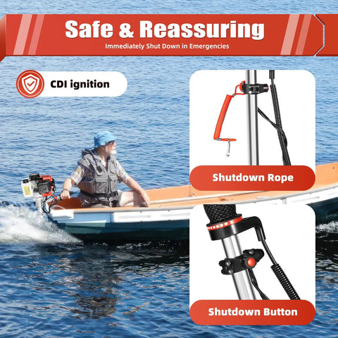 Beast Mode Two Point Three Horsepower 52CC Two Stroke Outboard Motor With CDI Ignition Air Cooled Engine Three Blade Propeller And Zero Point Twenty Two Gallon Fuel Tank Portable Heavy Duty Boat Engine For Inflatable Boats Kayaks And Fishing Yachts