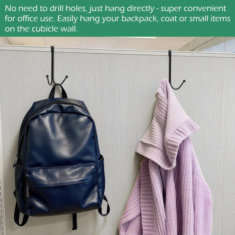 Two Pack Adjustable Cubicle Hooks Heavy Duty Double Coat Hangers For Partition Wall Panels Fits 1.3 To 3.6 Inch Thickness Black Metal