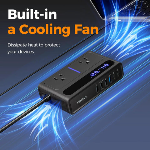 200W Car Power Inverter Featuring Rapid USB C Fast Charging And Dual AC Outlets with built-in cooling fan and multiple ports.